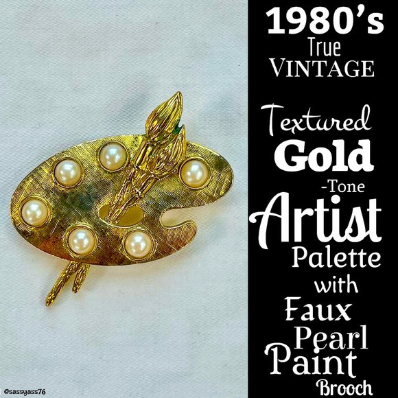 Vintage Jewelry - ▪️VTG▪️1980's Textured Gold-Tone Artist Palette With Faux Pearl Paint Brooch